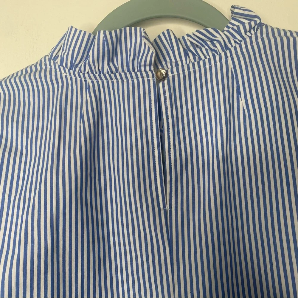 J. Crew Ruffle Neck Stripe Top in Blue and White Organic Cotton XS